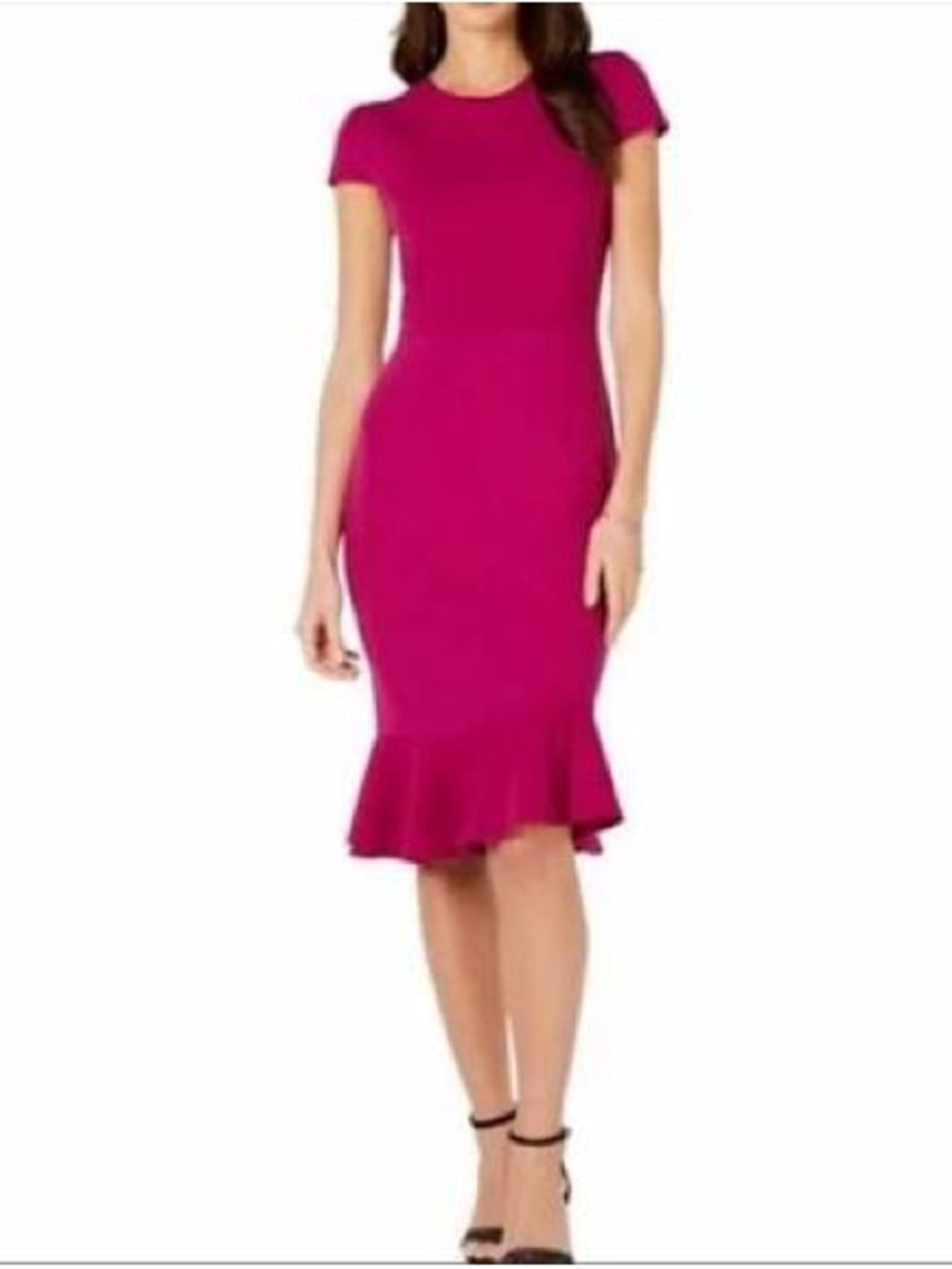 Betsey Johnson MAGENTA Scuba Crepe Ruffle Hem Midi Sheath Bodycon Dress Size 6